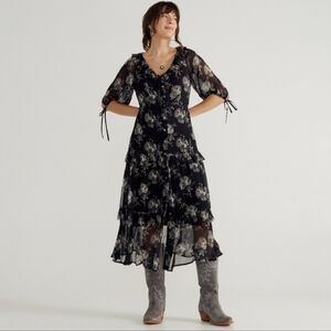 Tecovas Black Floral Chiffon Puff Sleeve Ruffle Tiered Elbow-Length Maxi Dress S